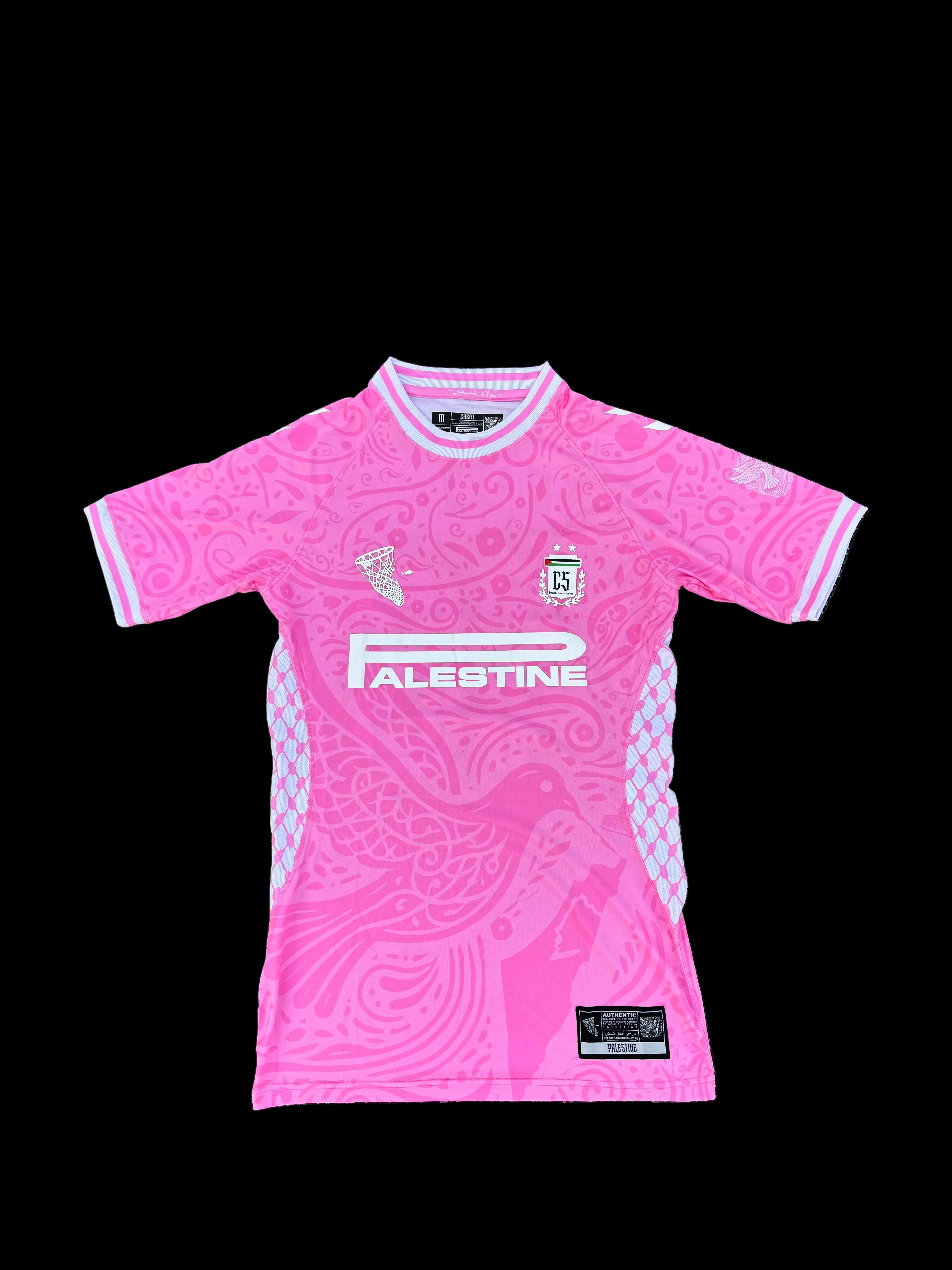 Pink sports jersey with branding on a black textured background